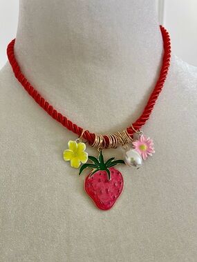 Strawberry Charm Necklace with Floral & Pearl Accents